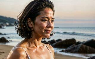 Foto von Mitte alt alt Frau beim Haus in der Nähe von Meer Strand, generativ ai