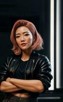 Foto von asiatisch Frau im Jacke Outfit mit bunt Licht im Hintergrund, generativ ai