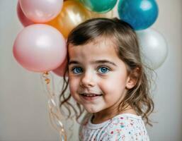 Foto Fotoshooting von Kind mit Luftballons auf Weiß Hintergrund, generativ ai