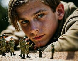 Foto von Teenager Junge spielen mit Spielzeug Soldaten, generativ ai