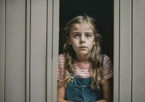 Foto von unheimlich Mädchen Kind im Schließfach Zimmer, generativ ai