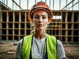 Foto von Frau wie ein Konstruktion Arbeiter mit Helm, generativ ai