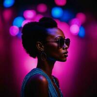 Foto von schön afrikanisch Frau mit mit gemischt Rosa und Blau Neon- Licht, generativ ai