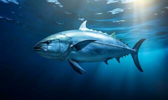 Rotes Riff Thunfisch Fisch Schwimmen im klar Ozean Wasser. ai generiert foto