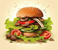 das perfekt Hamburger mit Käse, Speck, Gurken, Tomate, Zwiebeln und Grüner Salat. erstellt mit generativ ai foto