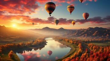 bunt heiß Luft Luftballons hochfliegend Über szenisch Schlucht. erstellt mit generativ ai foto