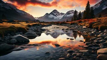 schön Landschaft mit hoch Fluss und rot Sonnenlicht im Sonnenaufgang. erstellt mit generativ ai foto