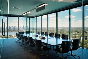 modern Büro Treffen Zimmer Innere mit Glas Fenster. erstellt mit generativ ai foto