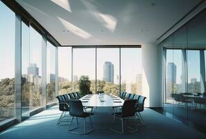 modern Büro Treffen Zimmer Innere mit Glas Fenster. erstellt mit generativ ai foto