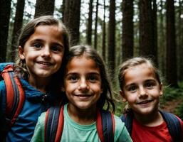 Foto Gruppe von Kinder wie ein Backpacker im das dunkel Holz, generativ ai