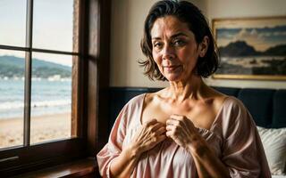 Foto von Mitte alt alt Frau beim Haus in der Nähe von Meer Strand, generativ ai