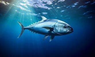 Rotes Riff Thunfisch Fisch Schwimmen im klar Ozean Wasser. ai generiert foto