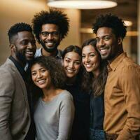 Gruppe von glücklich Arbeiten Menschen beim das Büro, generativ ai foto