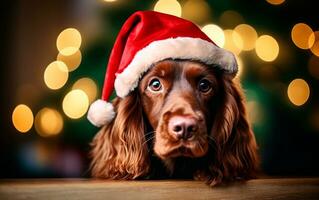 süß Hund im Santa claus Hut gegen verschwommen Weihnachten Beleuchtung mit Kopieren Raum. generieren ai foto