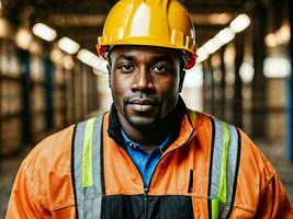 Foto von afrikanisch schwarz Mann wie ein Konstruktion Arbeiter mit Helm, generativ ai