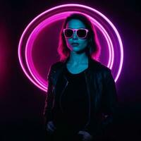 Foto von schön Frau mit mit gemischt Rosa und Blau Neon- Licht, generativ ai