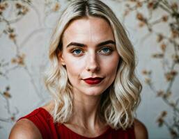 Foto von schön Frau im blond Haar Farbe mit rot Rose Hintergrund, generativ ai