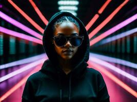 Foto von schwarz Frau im schwarz Kapuzenpullover im Server Daten Center Zimmer mit Neon- Licht, generativ ai