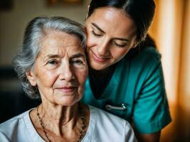 Foto von Frau nehmen Pflege Senior Frau beim heim, generativ ai