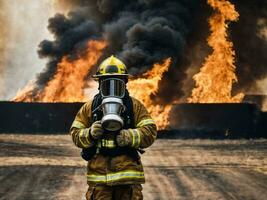 Foto von Feuerwehrmann mit groß Feuer Wolke und Rauch im Hintergrund, generativ ai