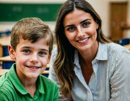 Foto von glücklich Lehrer und Kinder beim Schule Zimmer, generativ ai