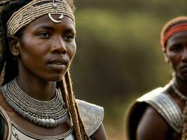 Foto von afrikanisch Frau Stammes- Krieger mit Rüstung, generativ ai