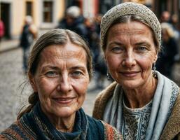 Foto von schön europäisch Frau Gehen im Straße und Gebäude retro Stil, generativ ai