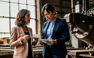 Foto von Arbeiten Unternehmer Frau beim Fabrik mit Maschine und Arbeiter, generativ ai