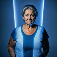 Foto von Mitte alt alt Frau mit Blau Licht auf schwarz Hintergrund, generativ ai