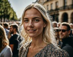 Foto von schön Frau beim Parade Straße im Europa Land, generativ ai