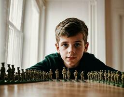 Foto von Teenager Junge spielen mit Spielzeug Soldaten, generativ ai