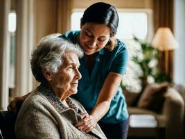 Foto von Frau nehmen Pflege Senior Frau beim heim, generativ ai