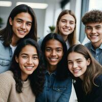 Gruppe von glücklich jung Teenager beim das Arbeiten Büro Raum, generativ ai foto