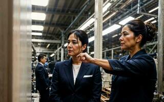 Foto von Arbeiten Unternehmer Frau beim Fabrik mit Maschine und Arbeiter, generativ ai