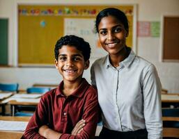 Foto von glücklich Lehrer und Kinder beim Schule Zimmer, generativ ai