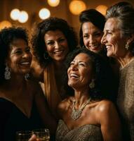 Gruppe von glücklich Mitte alt alt Frau beim das Nacht Party, generativ ai foto