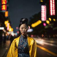 Foto von asiatisch Frau beim Straße Nacht mit Licht, generativ ai