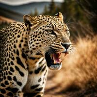 Foto von groß Leopard Laufen im das Wald, generativ ai