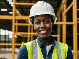 Foto von afrikanisch schwarz Frau wie ein Konstruktion Arbeiter mit Helm, generativ ai
