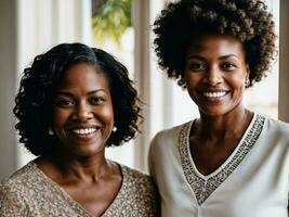 Foto von schwarz Frau nehmen Pflege Senior schwarz Frau beim heim, generativ ai