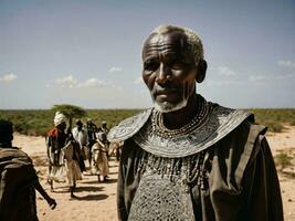 Foto von afrikanisch alt Menschen Stammes- Krieger mit Rüstung, generativ ai