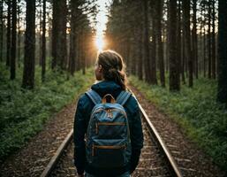 Foto Gruppe von Teenager wie ein Backpacker im das dunkel Holz, generativ ai