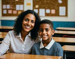 Foto von glücklich Lehrer und Kinder beim Schule Zimmer, generativ ai