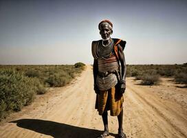 Foto von afrikanisch alt Menschen Stammes- Krieger mit Rüstung, generativ ai