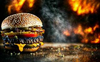 Foto schließen oben von groß saftig doppelt Käse und Rindfleisch Hamburger auf alt hölzern Tafel mit schwarz Hintergrund und Rauch, generativ ai
