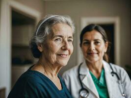 Foto von Frau nehmen Pflege Senior Frau beim heim, generativ ai