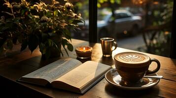 ein Tasse von Kaffee mit Buch und Stift auf das hölzern Tabelle ai generiert foto