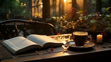 ein Tasse von Kaffee mit Buch und Stift auf das hölzern Tabelle ai generiert foto