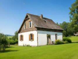 heiter rustikal Rückzug natürlich Landschaft Szene mit rustikal Bauernhaus Einzelheiten, ai generativ foto