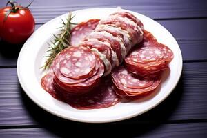 Treffen Scheiben auf Weiß Teller auf das hölzern Tisch. Salami Tag traditionell Italienisch Essen Konzept ai generativ foto